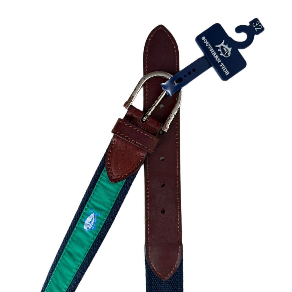 Southern Tide Webbing Belt NEW Size 32 Augusta Green Blue Tuna Fish Embroidery